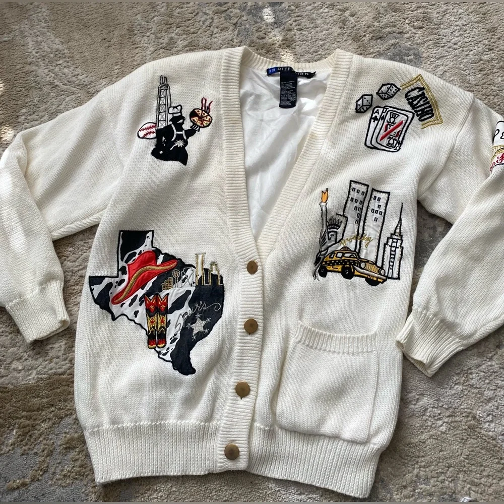 Vintage 90s IB Diffusion White Knit Lined Cardigan Sweater Embroidered Patches S - Picture 1 of 9